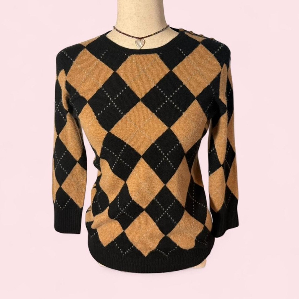 Vintage J. Crew 100% Cashmere Argyle Sweater Tan Black Preppy Small